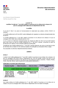 documentation PDF Chasse 2021 2022 Arrêté préfectoral modificatif du 8/06/2021