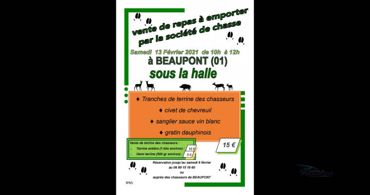 Actualité : Vente de repas à emporter - société de chasse de Beaupont